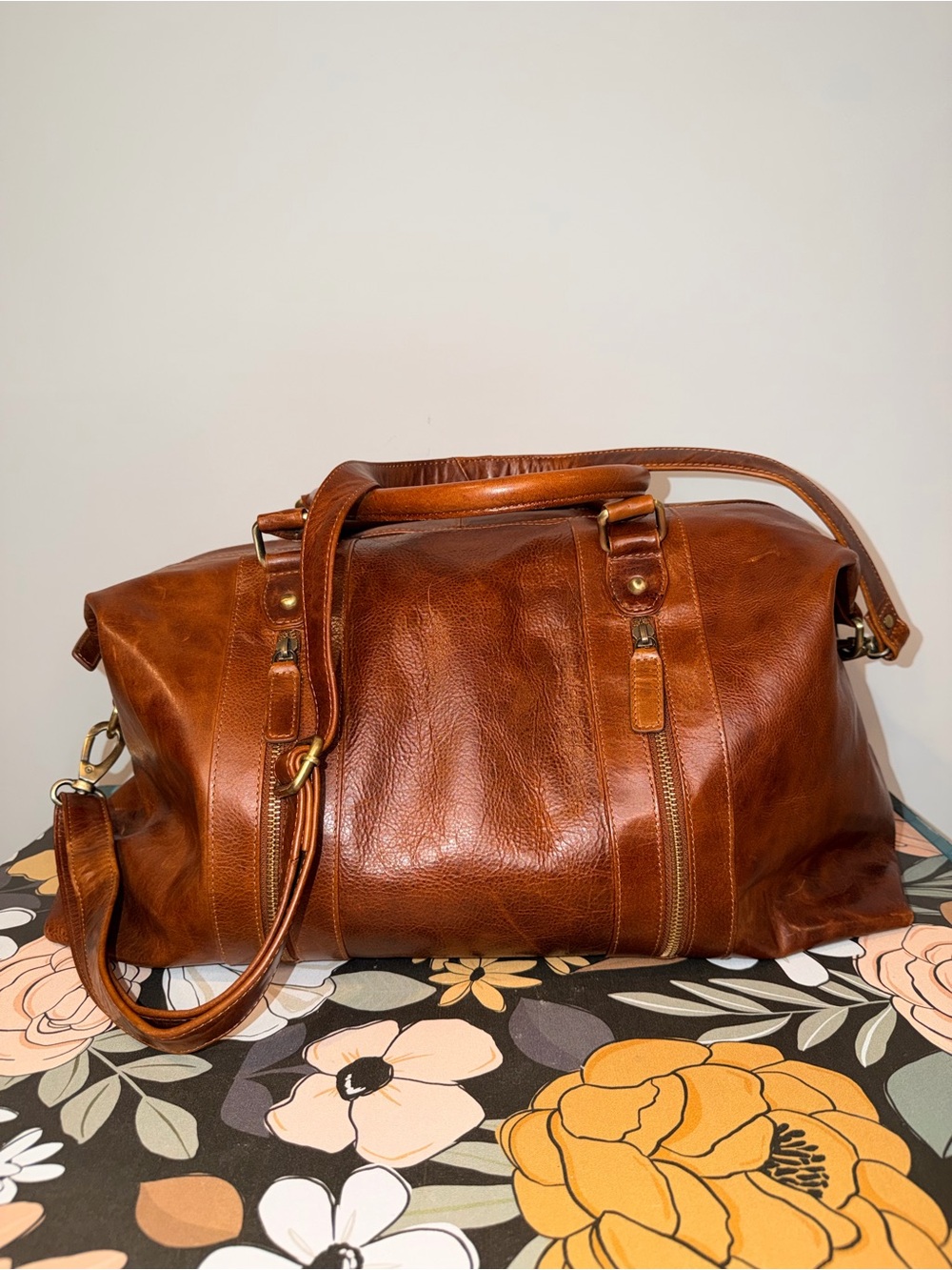 Leather Weekender Duffel Bag in Chestnut Brown